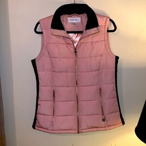 Small Calvin Klein Women's Puffer Vest with Scuba Trim Barbie pink gold accents